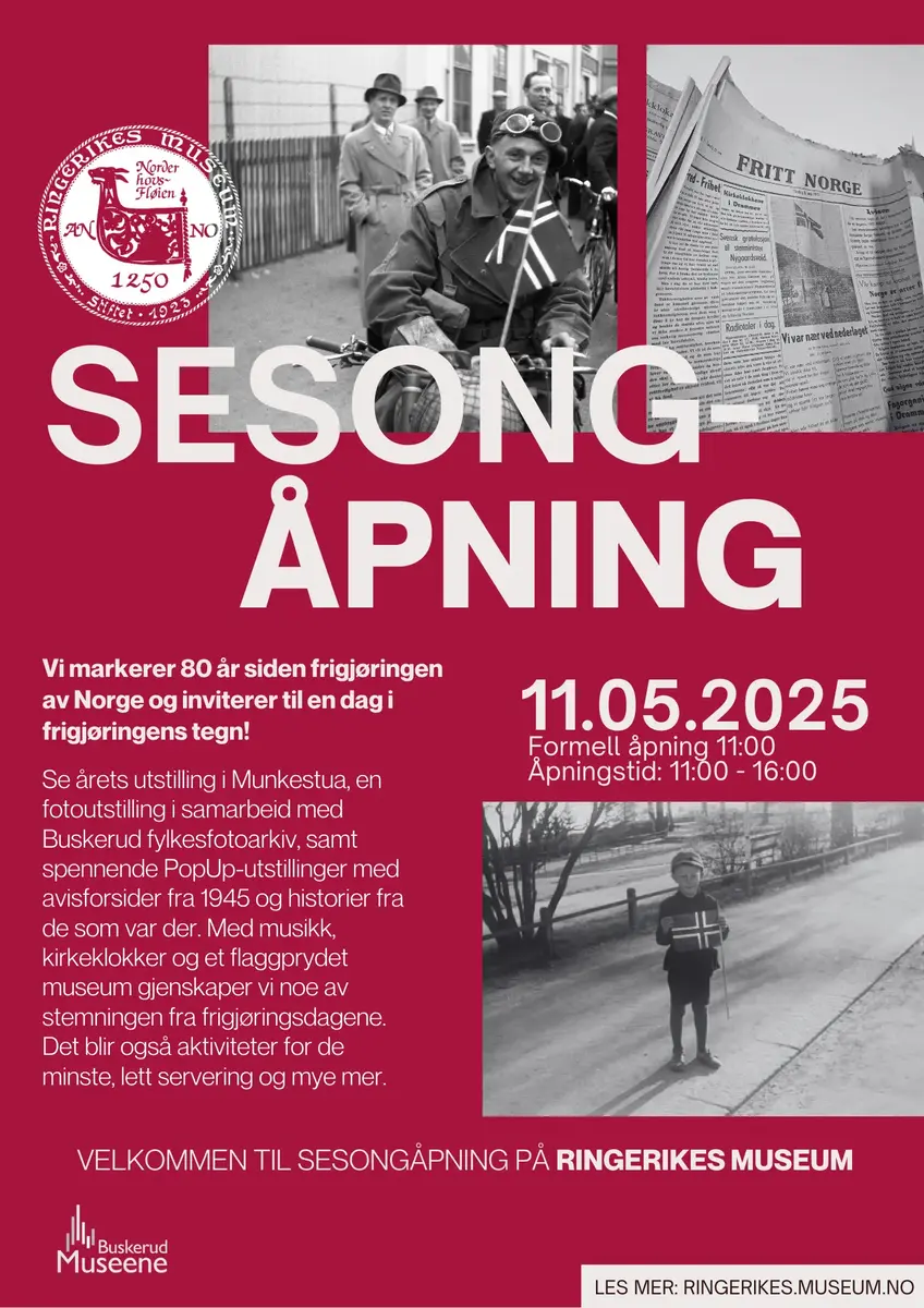 Plakat med tekst: Vi markerer 80 år siden frigjøringen av Norge og inviterer til en dag i frigjøringens tegn! Se årets utstilling i Munkestua, en fotoutstilling i samarbeid med Buskerud fylkesfotoarkiv, samt spennende PopUp-utstillinger med avisforsider fra 1945 og historier fra de som var der. Med musikk, kirkeklokker og et flaggprydet museum gjenskaper vi noe av stemningen fra frigjøringsdagene. Det blir også aktiviteter for de minste, lett servering og mye mer.