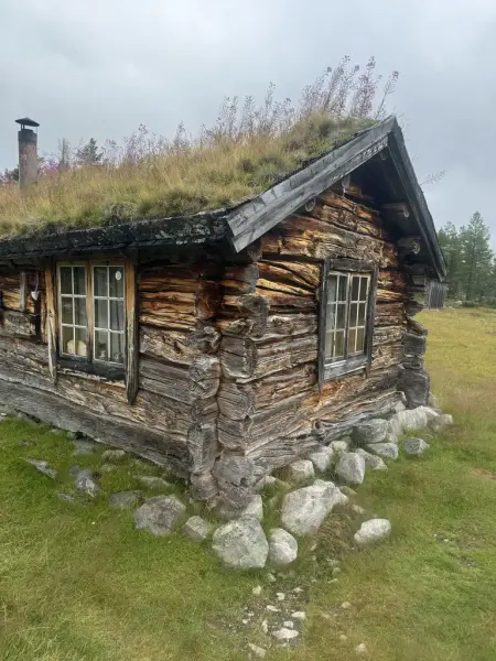 eldre tømmerhus med en del nyere stokker