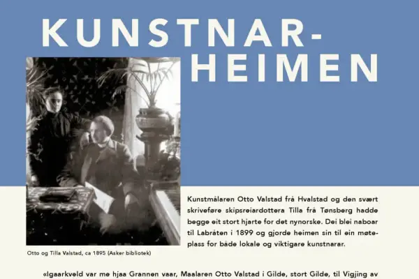 Plansje med eldre interiørfotografi med to menneske og teksten "Kunstnarheimar"