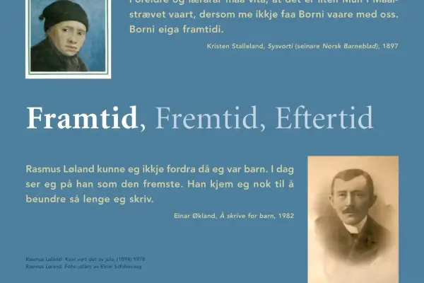 Plansje med to eldre portrett og teksten: Framtid, Fremtid, Eftertid