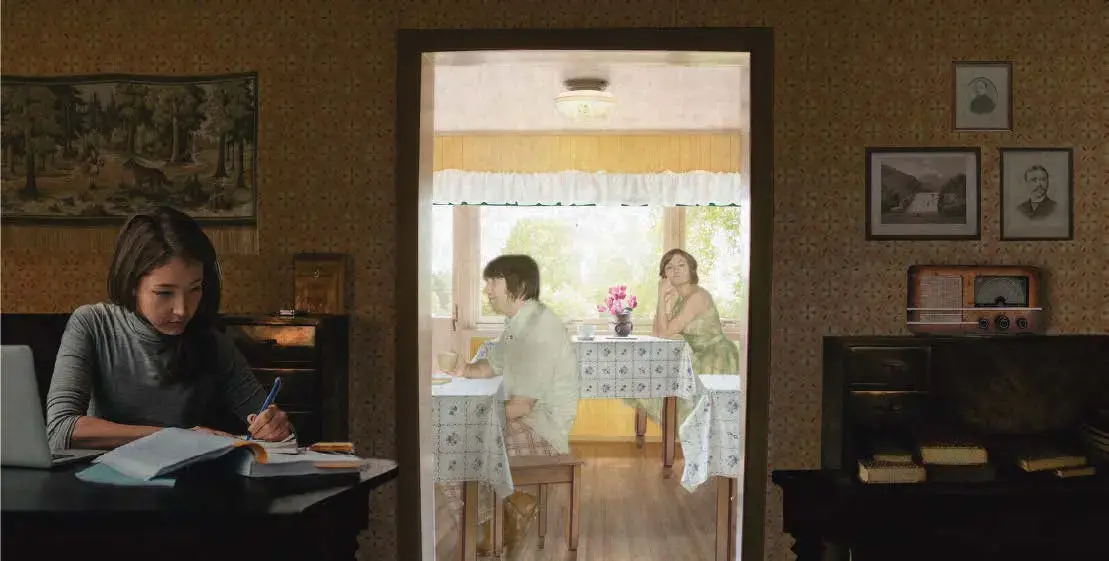 Illustrasjon som viser hvordan Rødhuset på Grini skal se ut inne. Tre damer som sitter ved bord.