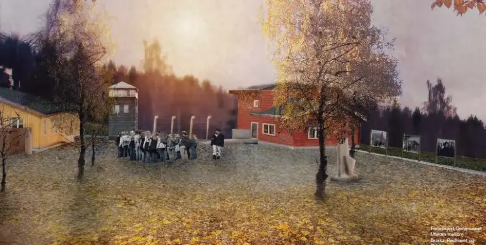 Maleri av et rødt hus på Grini fangeleir. Det står en gruppe mennesker utenfor huset, og det er høst.