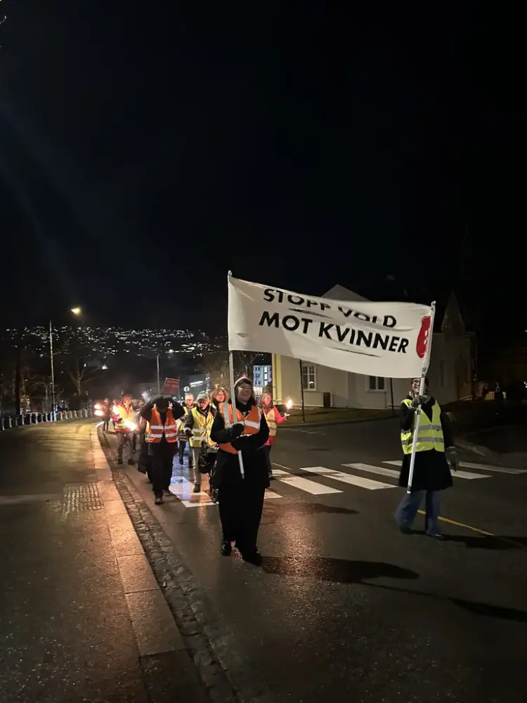 Flere mennesker går i tog ute på kvelden iført refleksvester, og holder en fane hvor det står "stopp vold mot kvinner"