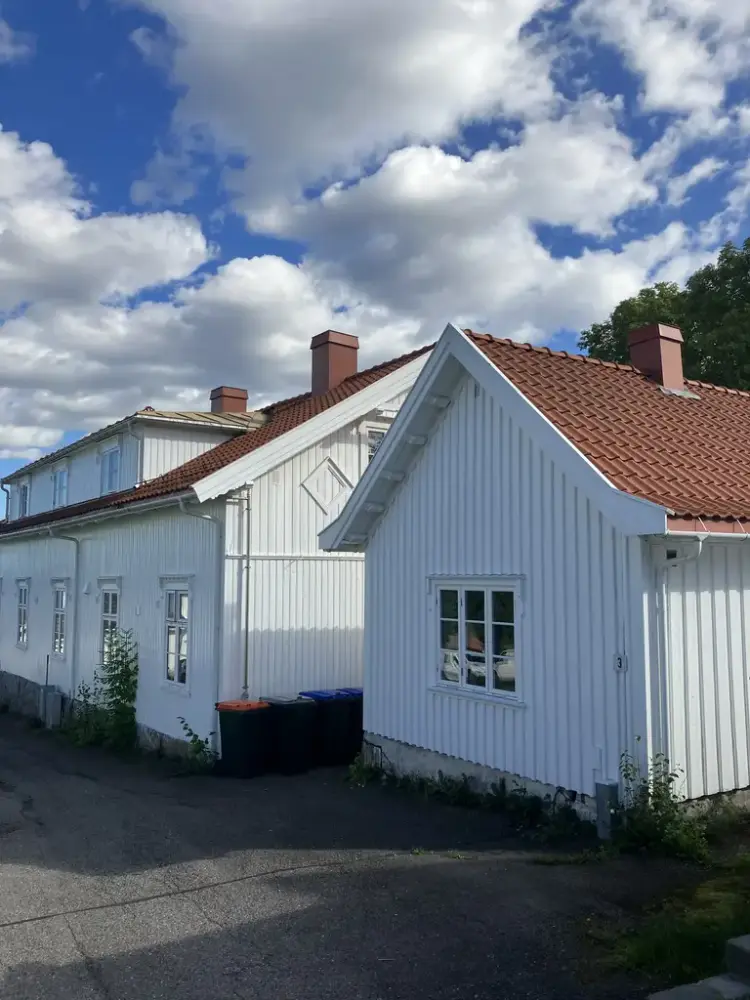 Hvite trehus med røde tak fra Åsgårdstrand. Det er sol og sommer