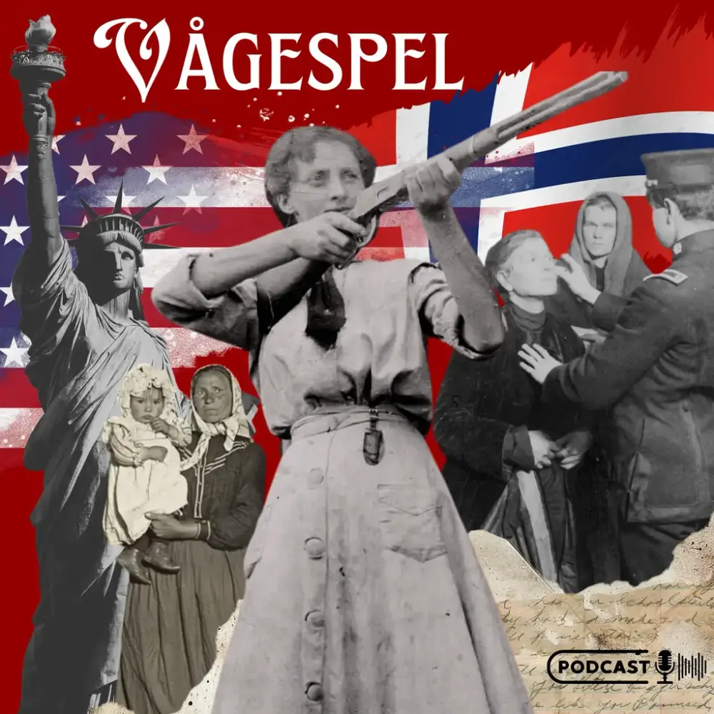 Plakat med en collage av kvinneskikkelser foran det norske og amerikanske flagget. I forgrunn en kvinne som sikter med et gevær.