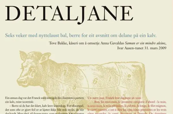 Plansje med teksten Detaljane og bilete av ein kalv