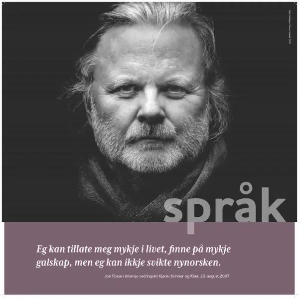 Plansje med teksten språk og bilete av Jon Fosse