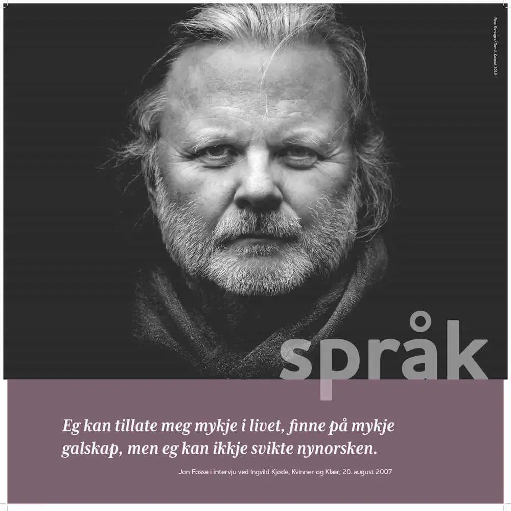 Plansje med teksten språk og bilete av Jon Fosse