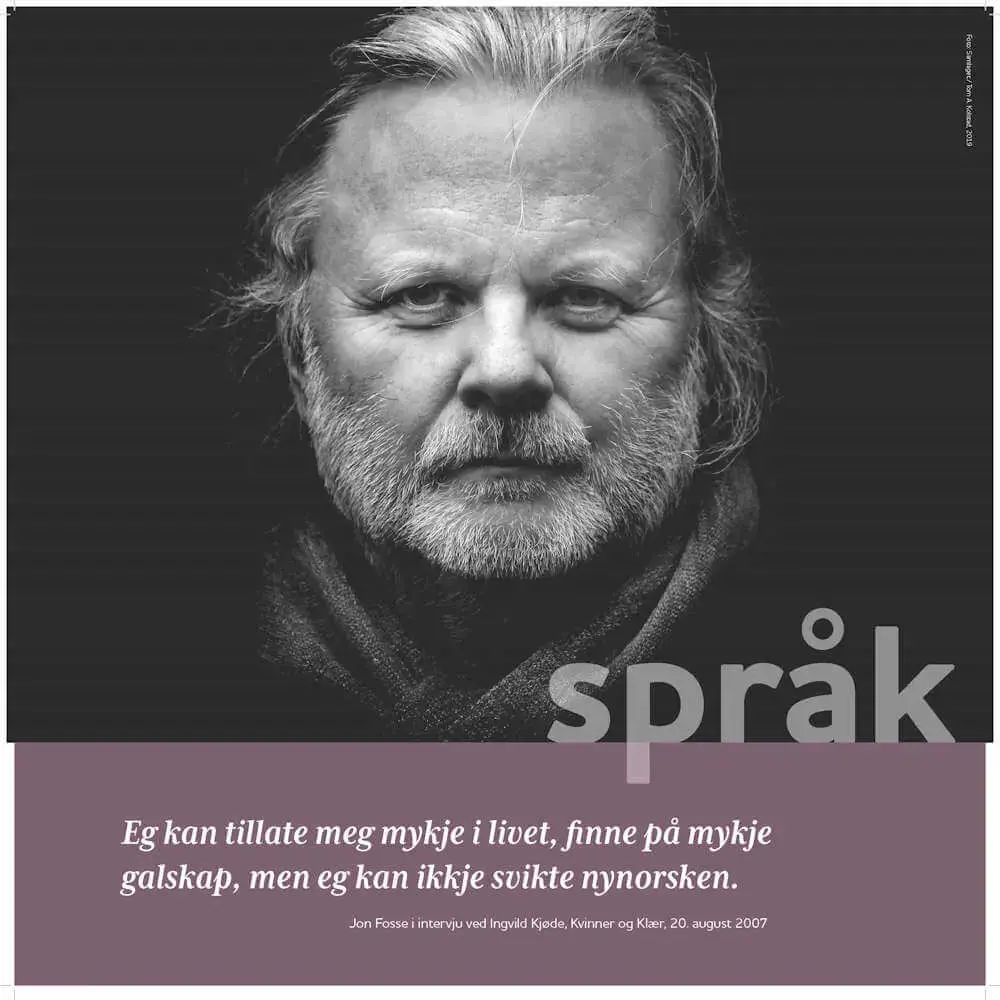 Plansje med teksten språk og bilete av Jon Fosse