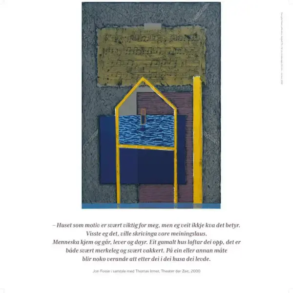 Plansje med eit kunstverk og utdrag frå ein samtale mellom Jon Fosse og Thomas Irmer