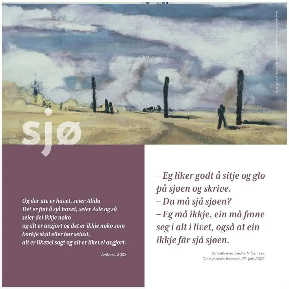 Plansje med teksten sjø og bilete av kunstverket Figurer i øde landskap av Håvard Vikhagen