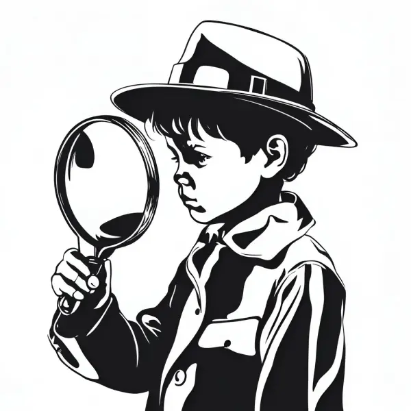 AI generert bilde, tegning av et barn kledd i detektivklær som ser gjennom et forstørrelsesglass