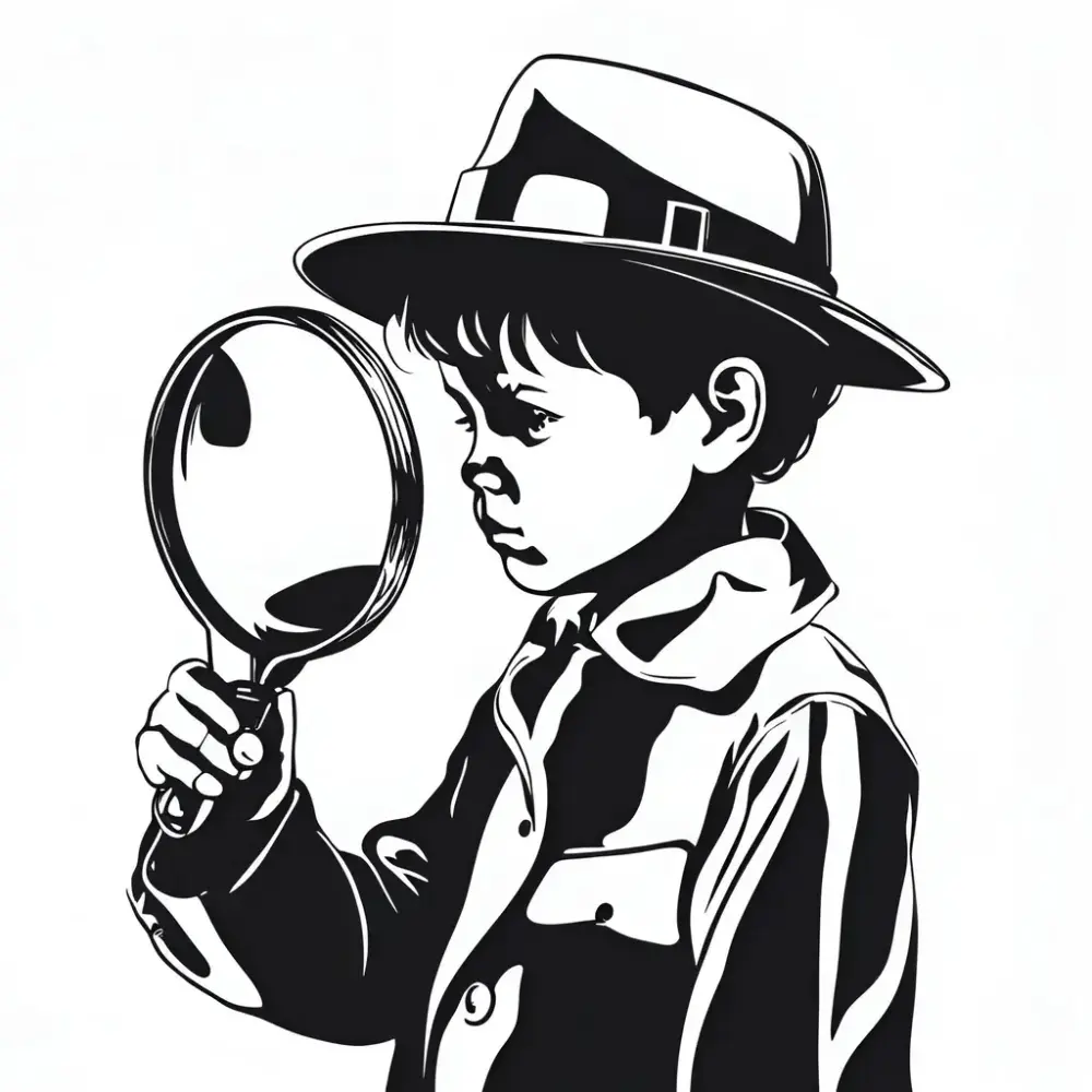 AI generert bilde, tegning av et barn kledd i detektivklær som ser gjennom et forstørrelsesglass