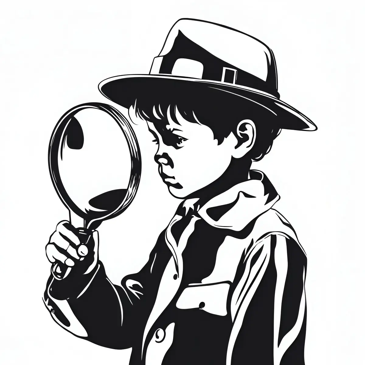 AI generert bilde, tegning av et barn kledd i detektivklær som ser gjennom et forstørrelsesglass