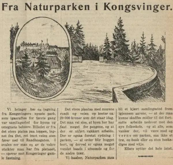 Avisklipp med en tegning av platået i Byparken.