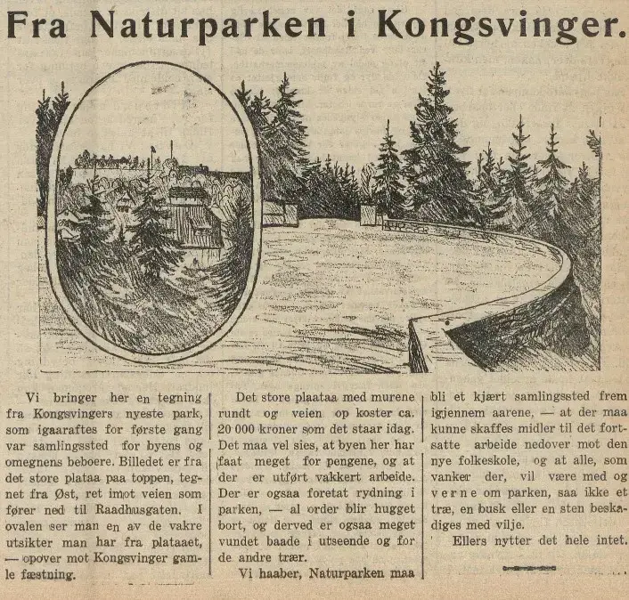 Avisklipp med en tegning av platået i Byparken.