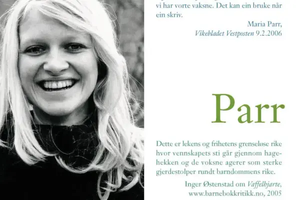 Plansje med tittelen Parr, portrett av Maria Parr og tekstbitar