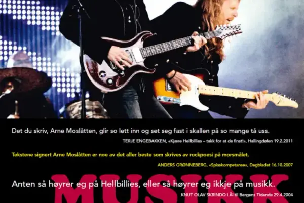 Plansje med tittelen MUSIKK, fleire tekstsnuttar og foto av musikarar i aksjon på scenen