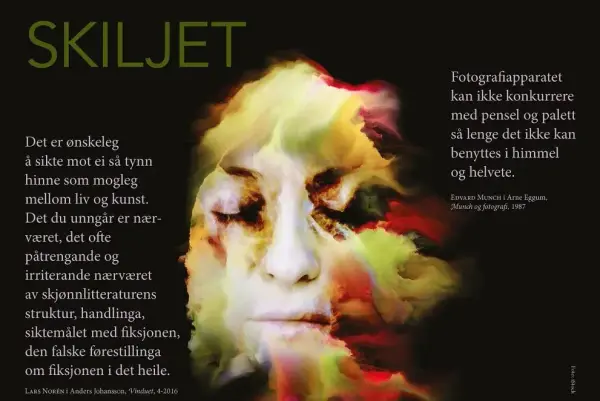 Dramatisk illustrasjon med eit andlet innhylla i flammande fargar. Tekst: SKILJET