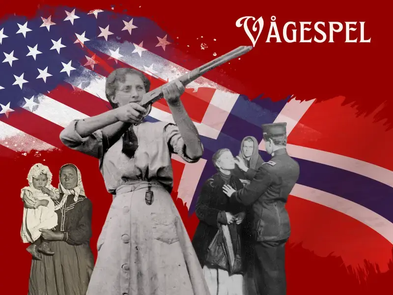 Kvinneskikkelser, ei ung med våpen, ei eldre med eit lite barn på armen, og to som verkt stoppa av ein uniformkledd mann. I bakgrunnen smeltar dei raude, kvite og blå flagga til Norge og USA saman