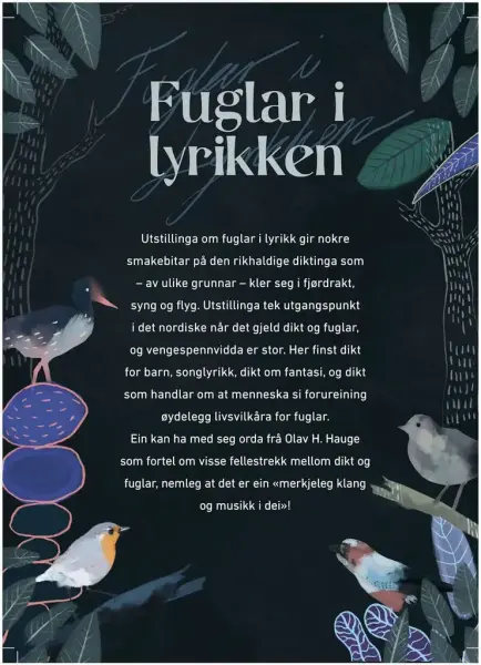 Infoplansje med fuglemotiv på mørk bakgrunn med tittelen Fuglar i lyrikken.