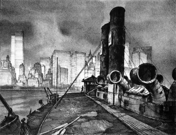 Litografi av John A. Noble som viser et forlatt dampskip i forgrunnen og Manhattans skyskrapere i bakgrunnen, inkludert tvillingtårnene.