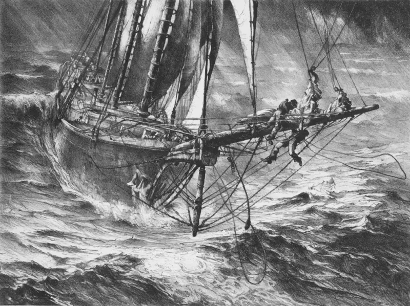 Litografi av John A. Noble som viser sjømenn som arbeider med forseilet på en seilskute i opprørt hav.