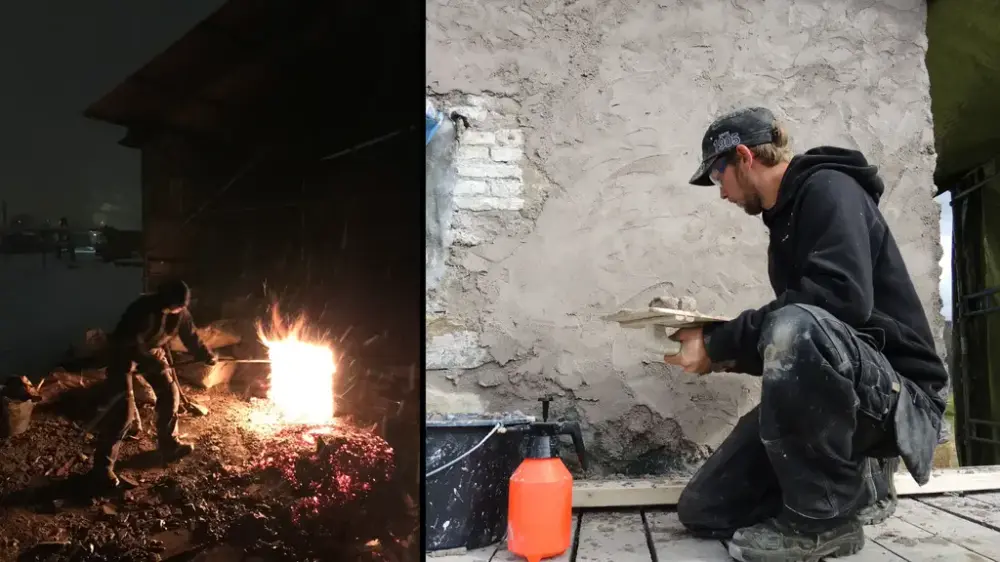 Bildet viser en mann foran et bål, og en mann som drar mørtel over en vegg.