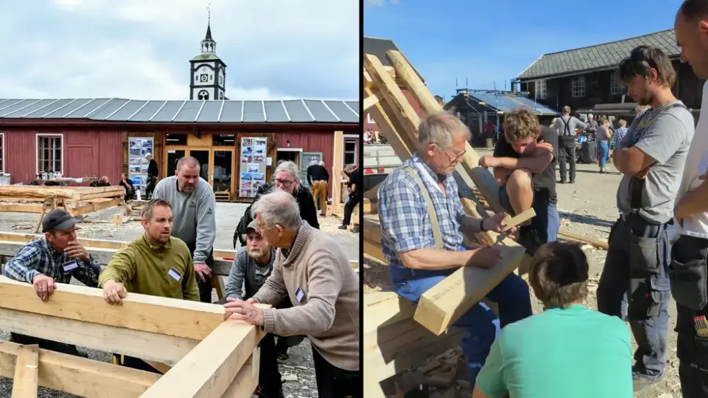 Bildet er delt i to, i begge bilder er en gruppe menn samlet rundt en person som viser og forklarer på treverk.