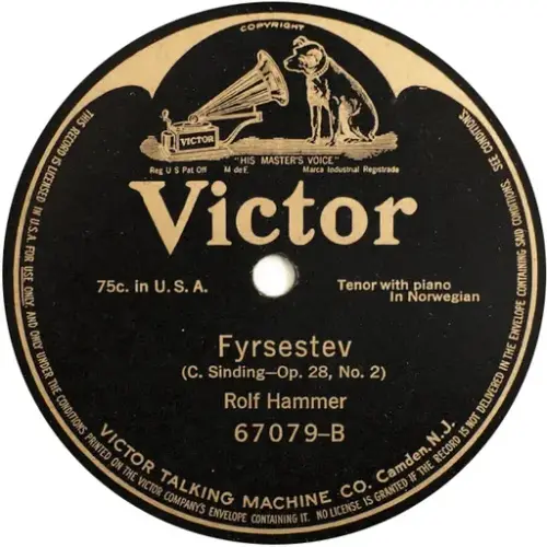 Etikett frå LP-en «Fyrestev» av Rolf Hammer (1914) (Tittelen er stava feil på etiketten)