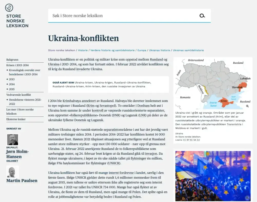 Artikkel om Ukraina-konflikten på snl.no