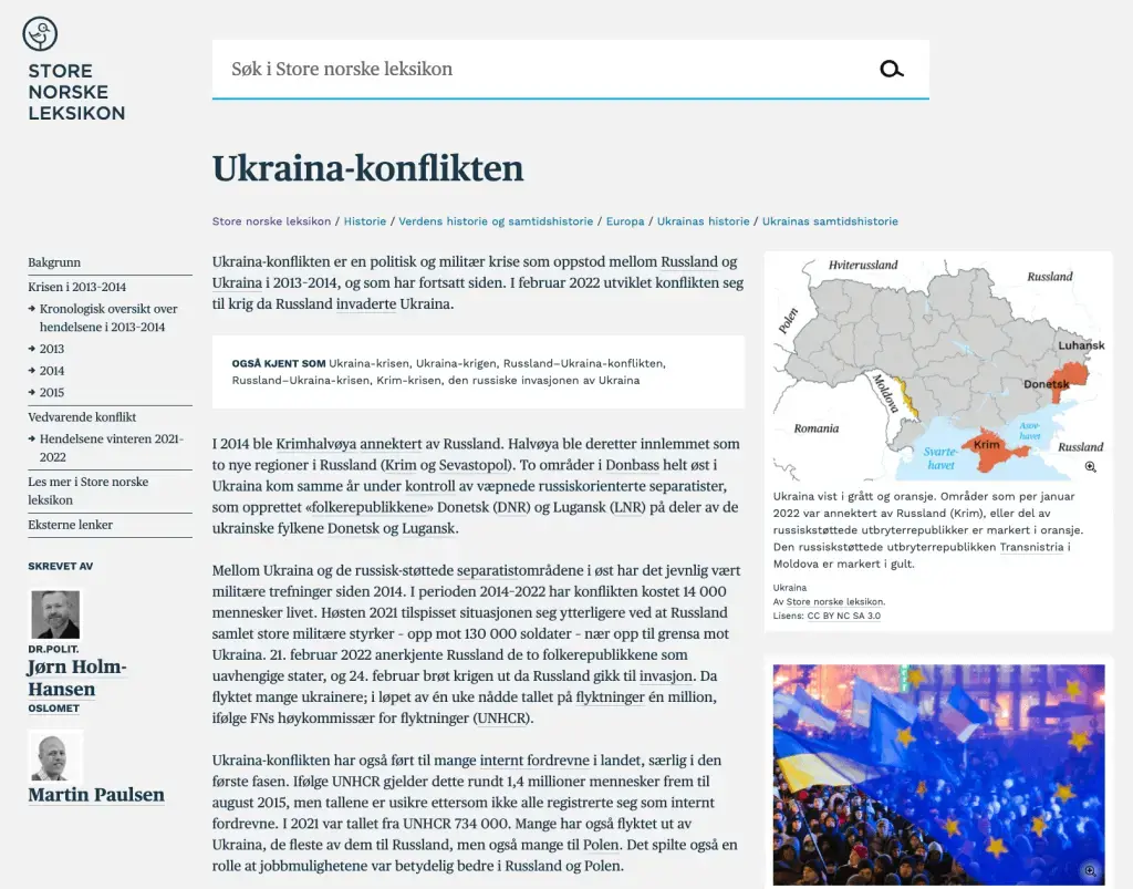 Artikkel om Ukraina-konflikten på snl.no