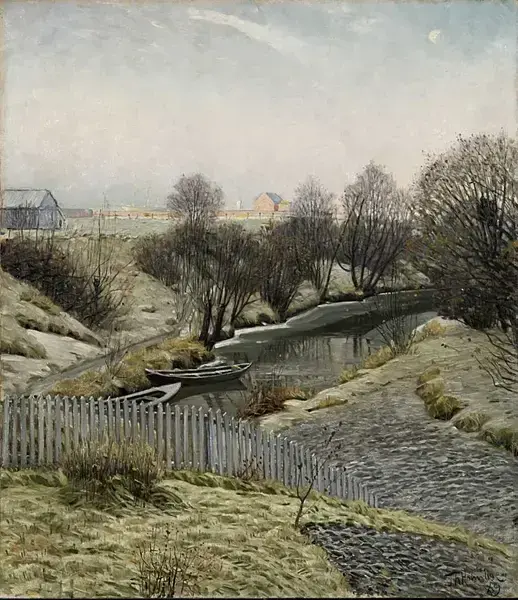 "«Loelven nedre løp» malt av Thorolf Holmboe i 1889, viser et landskap med en stille elv, trær uten blader og en enkel sti som fører gjennom et åpent landskap.