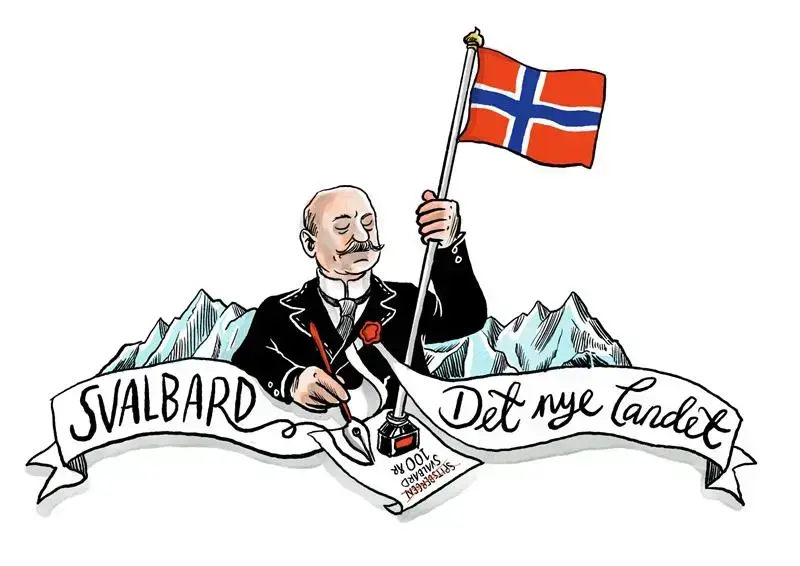 Illustrasjon av Fritz Wedel Jarlsberg i dress som løfter det norske flagget og dypper en penn i blekk. Snødekte fjell i bakgrunnen, med banneret 'SVALBARD – Det nye landet' og 'Svalbardtraktaten 100 år'