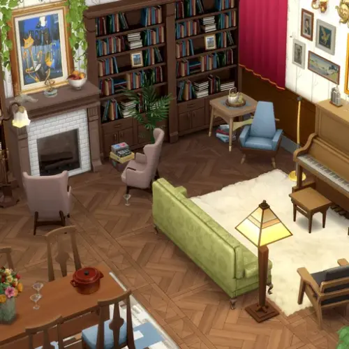Bild från spelet sims där någon har byggt ett rum åt Kai Gullmar, med instrument, bokhyllor, matsalsbord, fåtöljer, en soffa och konst.