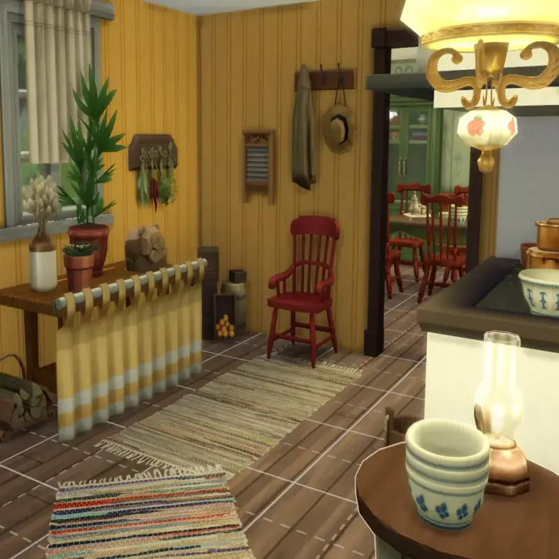 En bild från spelet sims där någon har byggt ett hem åt Snickar-Dea. På bilden ser vi en del av ett gult kök och in i matsalen med röda stolar. 