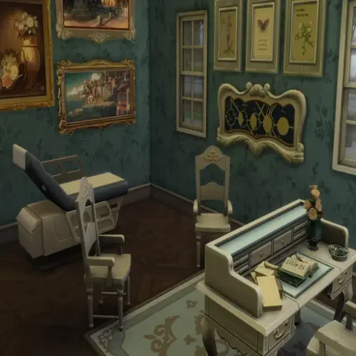 En bild från spelet Sims där någon har inrett ett rum åt Nils Gissler. Blåa väggar och vita möbler. Ser ut som en läkares mottagning. Tavlor på väggarna.