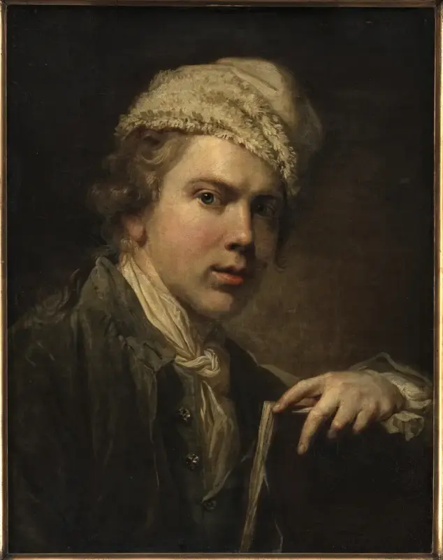 Selvportrett av Jens Juel malt ca. 1773–1774 i Dresden, olje på lerret, viser kunstneren med blikket vendt mot betrakteren, kledd i lue og halstørkle.