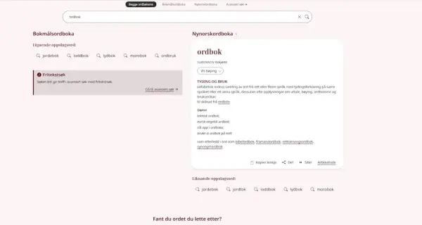 Skjermbilde frå ordbøkene.no