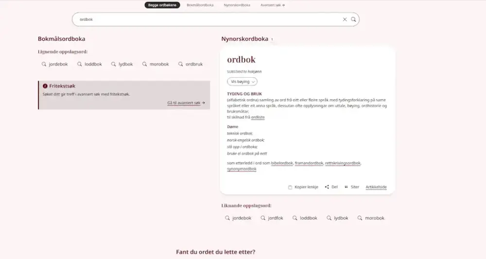 Skjermbilde frå ordbøkene.no