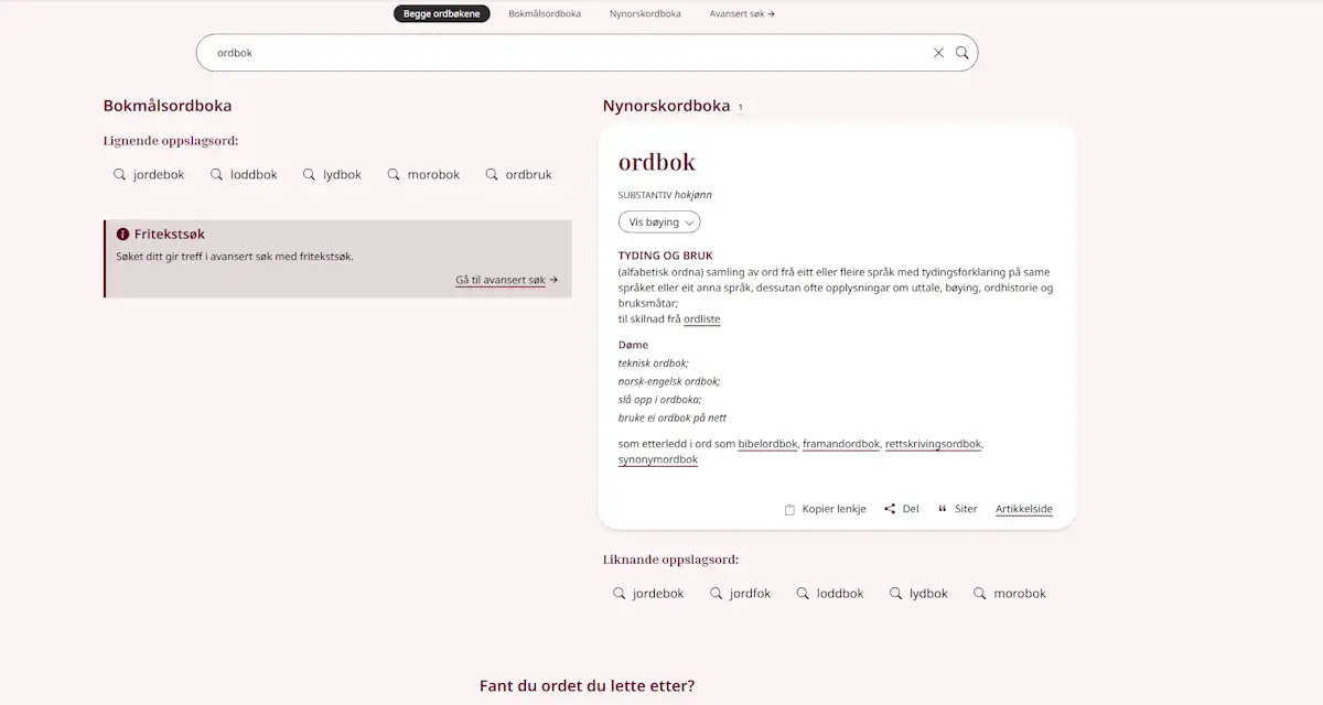 Skjermbilde frå ordbøkene.no