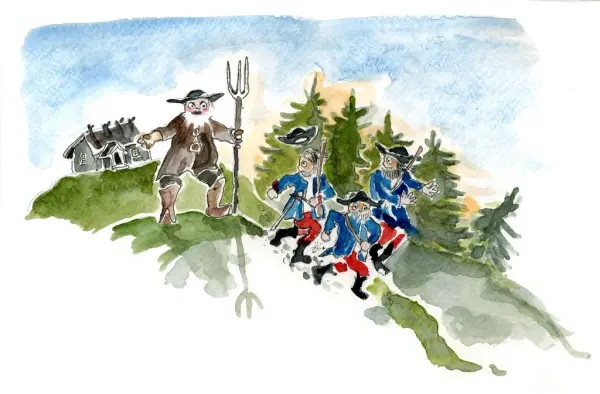 Illustration. En bonde med skägg jagar iväg tre soldater.