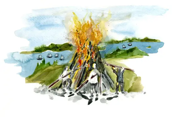 Illustration. Tre personer står kring en stor brasa. I bakgrunden syns vatten med sex skepp.