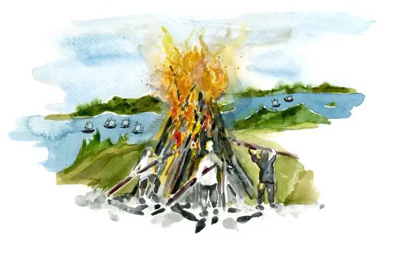 Illustration. Tre personer står kring en stor brasa. I bakgrunden syns vatten med sex skepp.