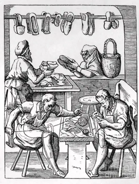 Historisk tresnitt av et skomakerverksted med arbeidere i full aktivitet, fra Jost Ammans håndverkerbok.