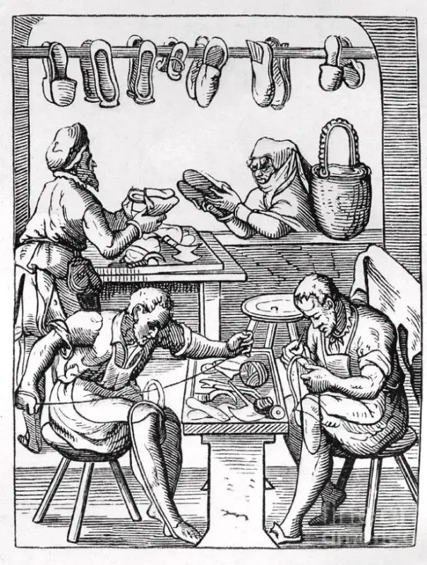 Historisk tresnitt av et skomakerverksted med arbeidere i full aktivitet, fra Jost Ammans håndverkerbok.