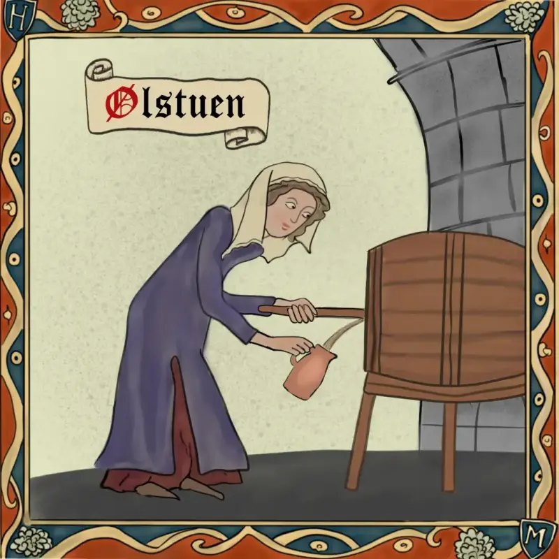 Middelalderinspirert tegning av en kvinne med slør, som tapper drikke fra en tønne ned i en mugge.