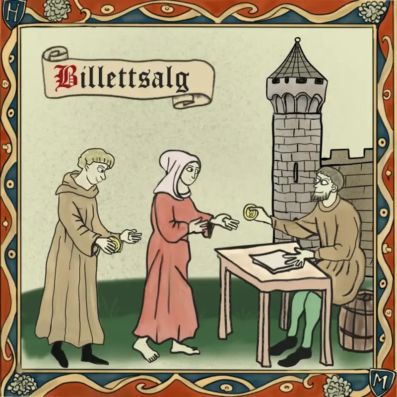 Middelalderinspirert tegning av mann og kvinne som kommer til en bymur. Utenfor muren sitter en mann og selger adgangsbevis for gullpenger.
