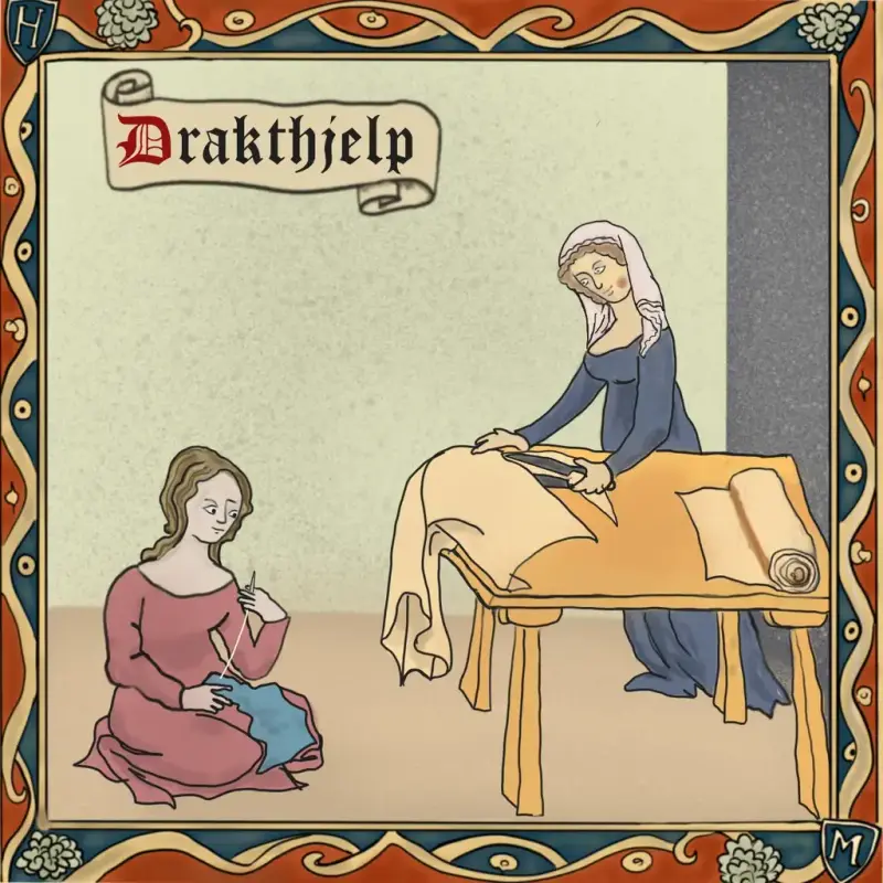 Middelalderinspirert tegning av kvinne i rød kjole som sitter på golvet og syr, mens en kvinne i blå kjole står ved et bord ogf klipper i et stykke tøy.