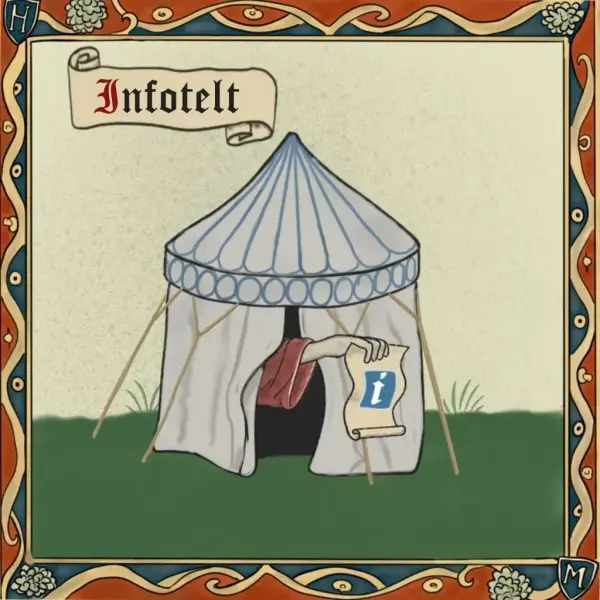 Middelalderinspirert tegning av et rundtelt hvor en arm stikker ut med et pergament med en I for info på.